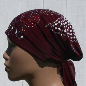 BURGUNDY Pre-Tied Stud Chemo Cap Slip On Bonnet Hijab Undercap # 3